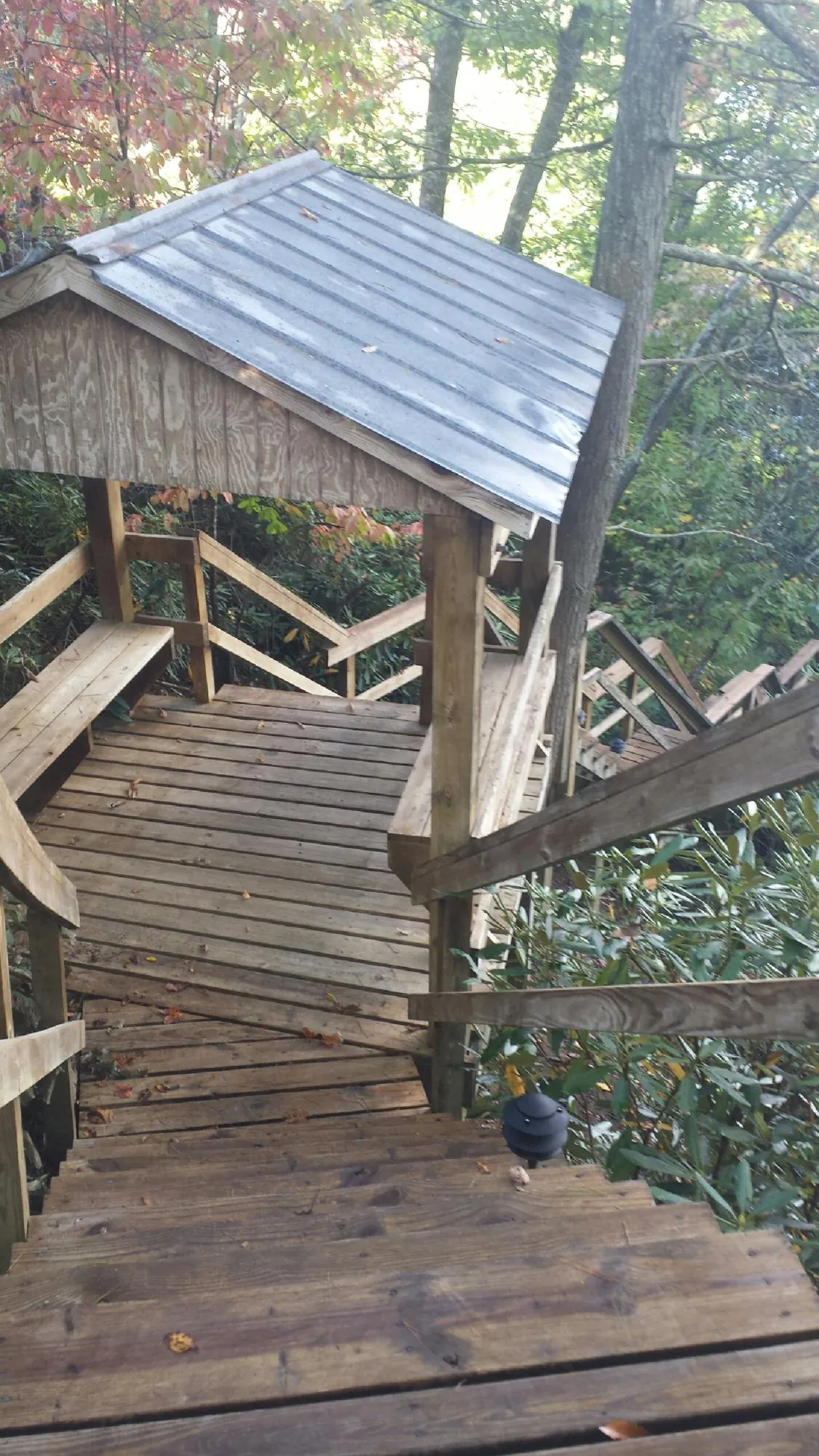Metal roofed shelter over wooden steps on a wooded walkway — Skylight Repair & Installation work by our crew in Douglass